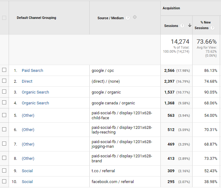 Google Analytics Channels report by Source Medium dimension